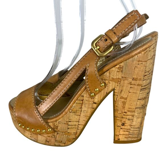 Prada Cork Platform Chunky Heel Brown Leather Studded Heels EU 36.5 US 6.5 -READ - Picture 8 of 13